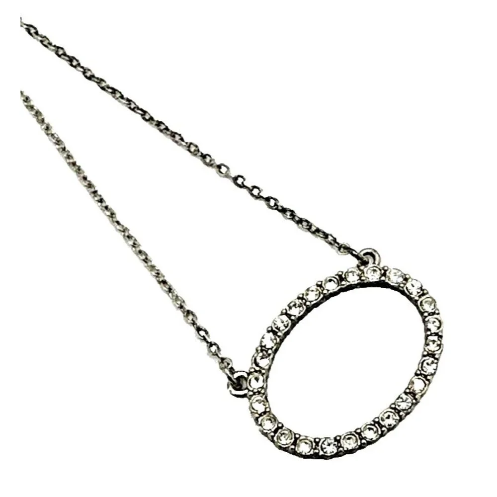 Vintage Vida Jewelry Rhinestone Pendant Necklace Silver Tone Oval Minimalist 18”